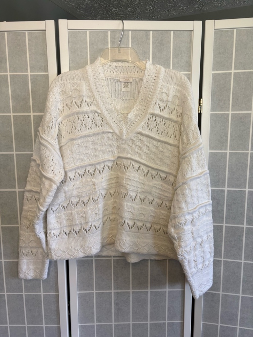 Lightweight White V-Neck Open Knit Sweater